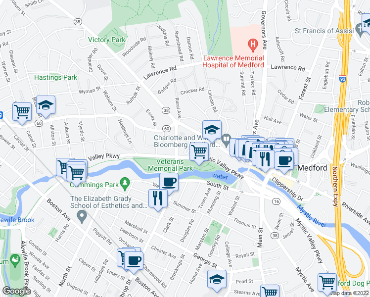 map of restaurants, bars, coffee shops, grocery stores, and more near 160 High Street in Medford