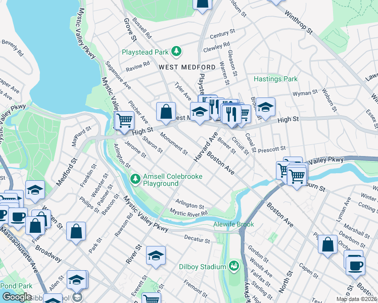 map of restaurants, bars, coffee shops, grocery stores, and more near 52 Monument Street in Medford