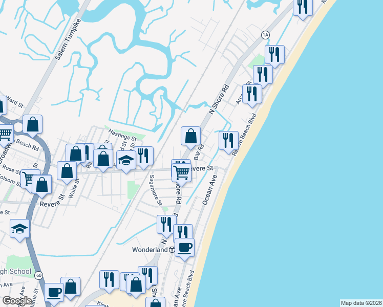 map of restaurants, bars, coffee shops, grocery stores, and more near 1064 North Shore Road in Revere