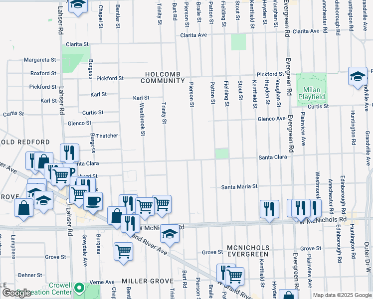 map of restaurants, bars, coffee shops, grocery stores, and more near 17561 Pierson Street in Detroit