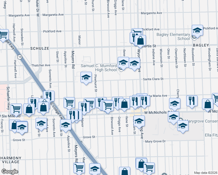 map of restaurants, bars, coffee shops, grocery stores, and more near 17394 Birwood Street in Detroit