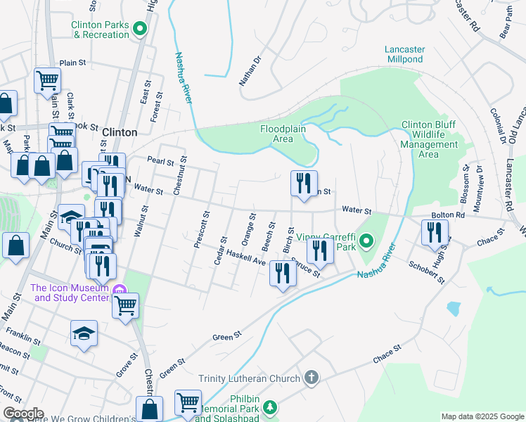 map of restaurants, bars, coffee shops, grocery stores, and more near 316 Water St in Clinton