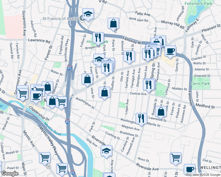 map of restaurants, bars, coffee shops, grocery stores, and more near 167 Park Street in Medford