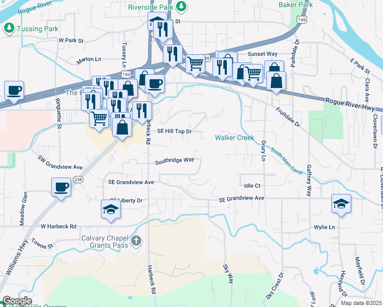 map of restaurants, bars, coffee shops, grocery stores, and more near 284 Southridge Way in Grants Pass