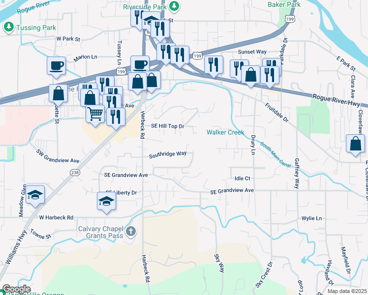 map of restaurants, bars, coffee shops, grocery stores, and more near 284 Southridge Way in Grants Pass