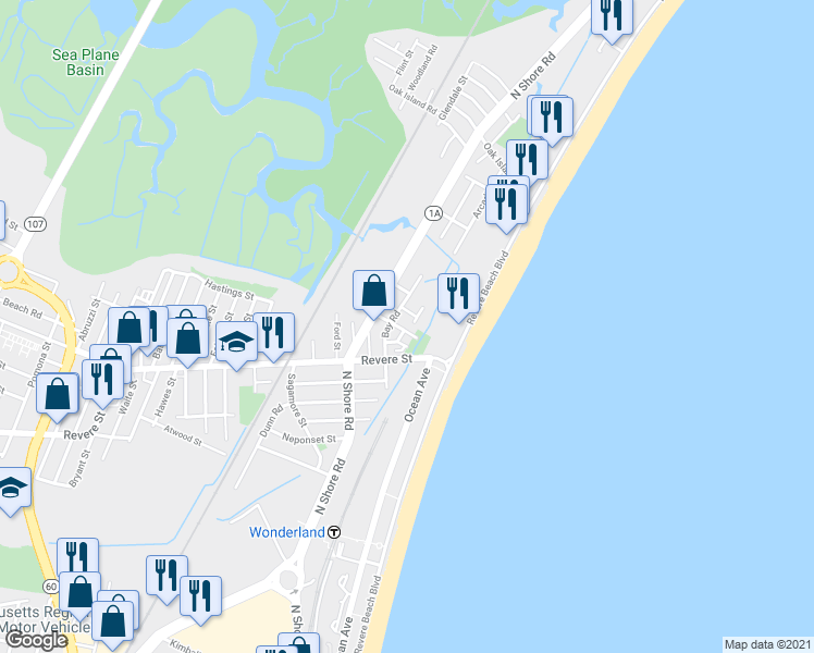 map of restaurants, bars, coffee shops, grocery stores, and more near 3 Clinton Road in Revere