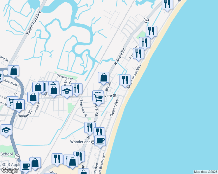 map of restaurants, bars, coffee shops, grocery stores, and more near 3 Clinton Road in Revere
