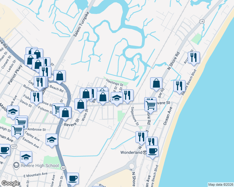 map of restaurants, bars, coffee shops, grocery stores, and more near 55 Bosson Street in Revere