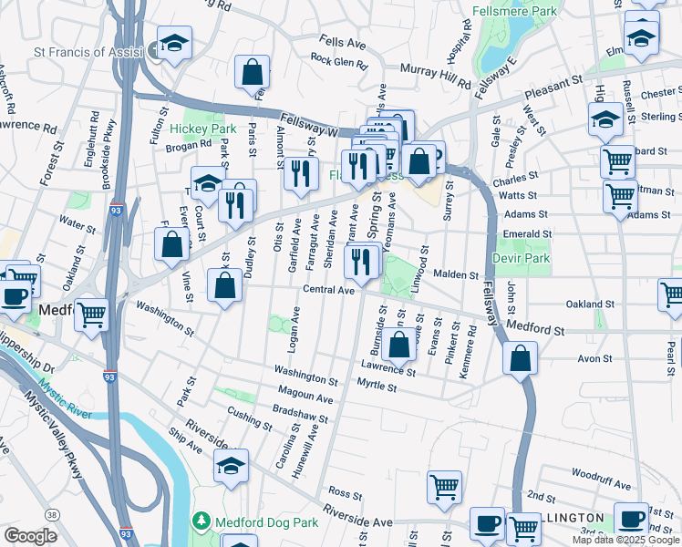 map of restaurants, bars, coffee shops, grocery stores, and more near 95 Grant Avenue in Medford