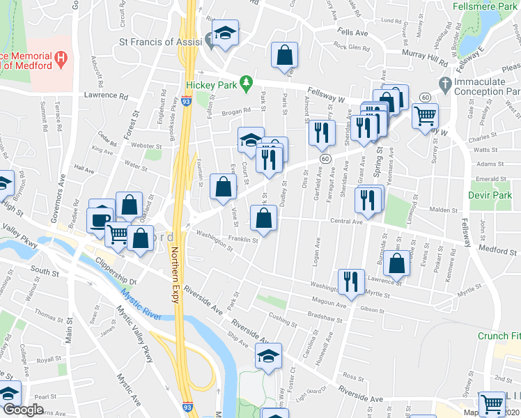 map of restaurants, bars, coffee shops, grocery stores, and more near 167 Park Street in Medford