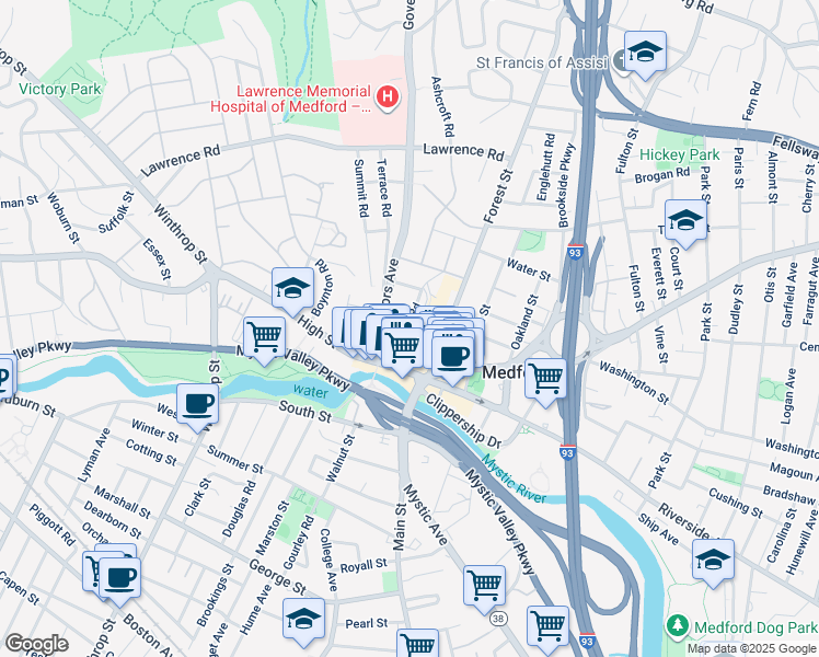 map of restaurants, bars, coffee shops, grocery stores, and more near 15 Governors Avenue in Medford