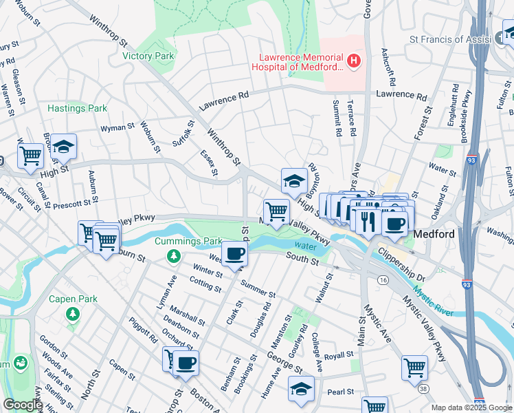 map of restaurants, bars, coffee shops, grocery stores, and more near 160 High Street in Medford