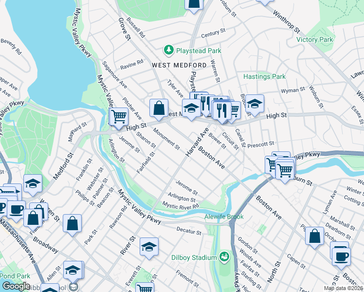 map of restaurants, bars, coffee shops, grocery stores, and more near 52 Monument Street in Medford