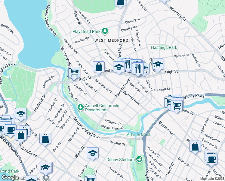 map of restaurants, bars, coffee shops, grocery stores, and more near 52 Monument Street in Medford