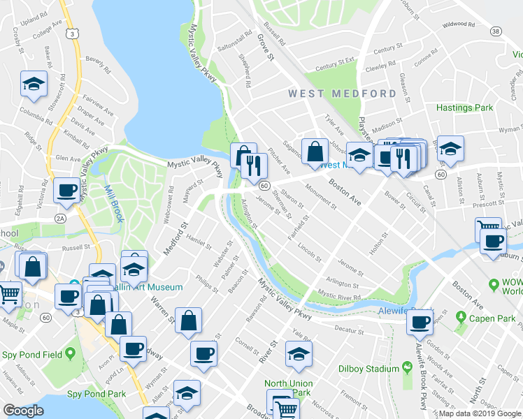 map of restaurants, bars, coffee shops, grocery stores, and more near 22 Jerome Street in Medford