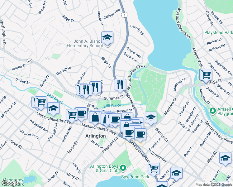 map of restaurants, bars, coffee shops, grocery stores, and more near 9-11 Johnson Road in Arlington