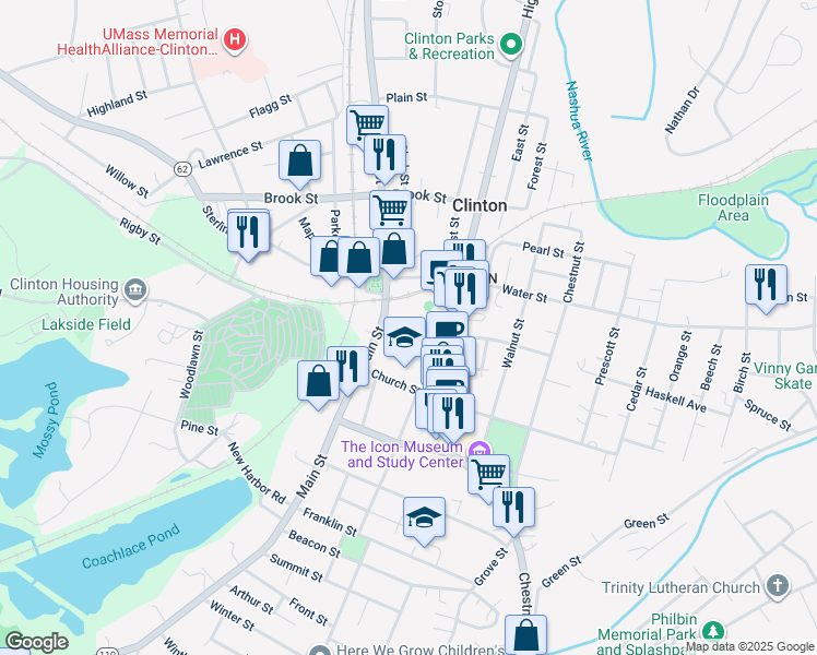 map of restaurants, bars, coffee shops, grocery stores, and more near 617 Main Street in Clinton