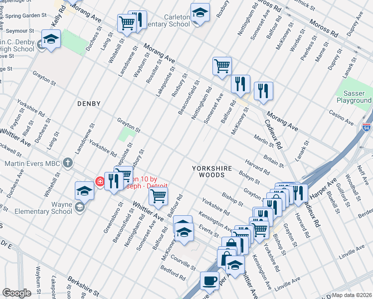 map of restaurants, bars, coffee shops, grocery stores, and more near 10842 Nottingham Road in Detroit