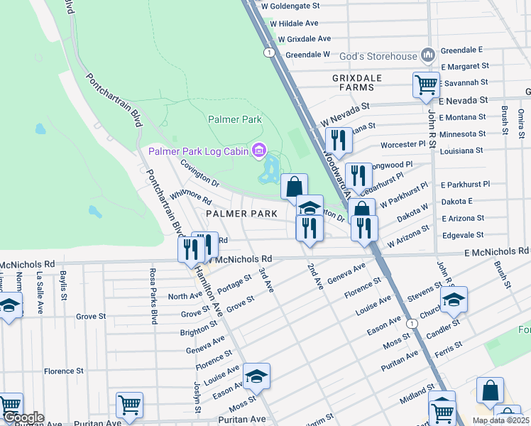 map of restaurants, bars, coffee shops, grocery stores, and more near 681 Covington Drive in Detroit