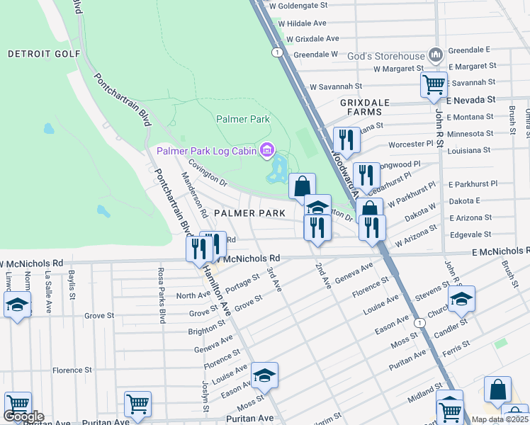 map of restaurants, bars, coffee shops, grocery stores, and more near 681 Covington Drive in Detroit
