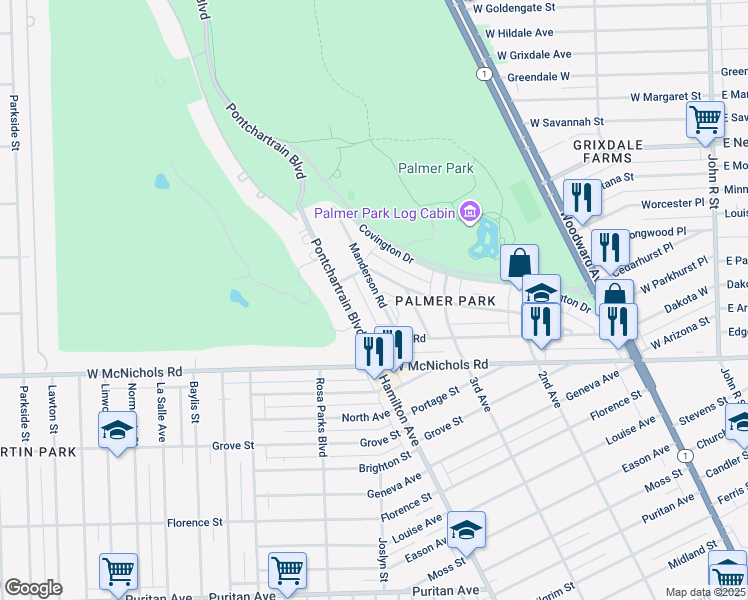 map of restaurants, bars, coffee shops, grocery stores, and more near 17523 Manderson Road in Detroit