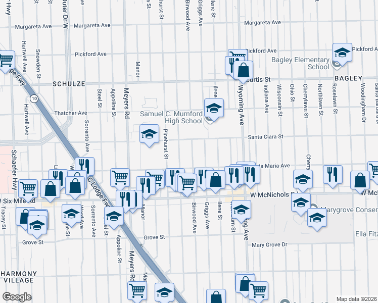 map of restaurants, bars, coffee shops, grocery stores, and more near 17394 Birwood Street in Detroit