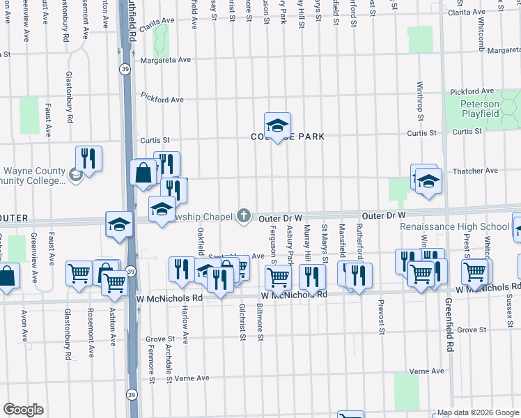 map of restaurants, bars, coffee shops, grocery stores, and more near 17529 Biltmore Street in Detroit