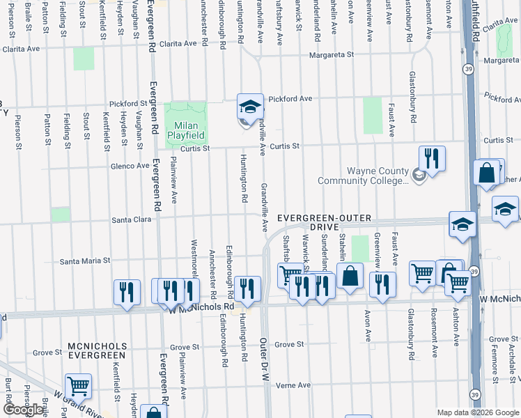 map of restaurants, bars, coffee shops, grocery stores, and more near 17541 Grandville Avenue in Detroit