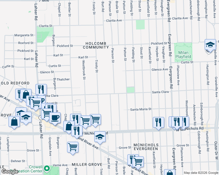 map of restaurants, bars, coffee shops, grocery stores, and more near 17561 Pierson Street in Detroit