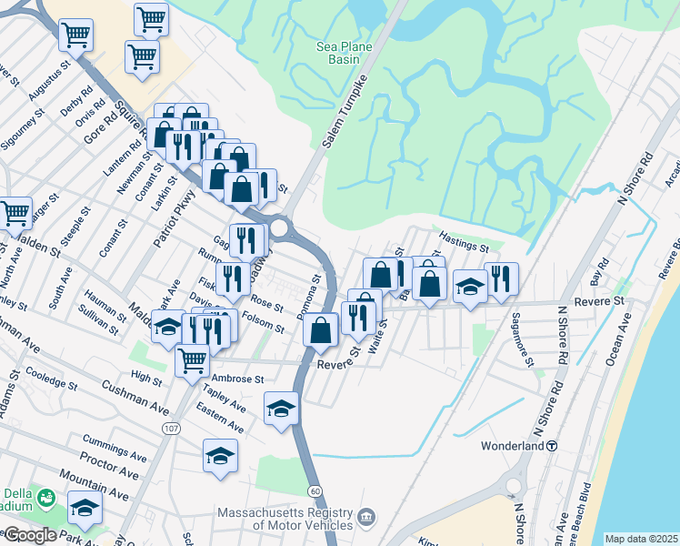 map of restaurants, bars, coffee shops, grocery stores, and more near 94 Beach Road in Revere