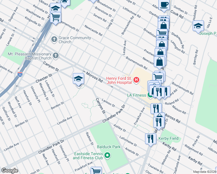 map of restaurants, bars, coffee shops, grocery stores, and more near 21772 Moross Road in Grosse Pointe