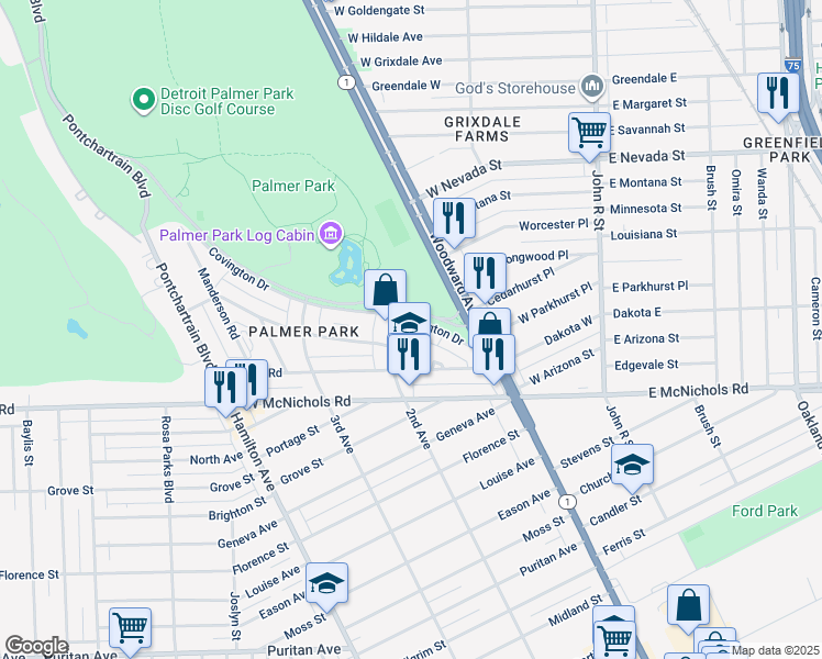 map of restaurants, bars, coffee shops, grocery stores, and more near 381 Covington Drive in Highland Park