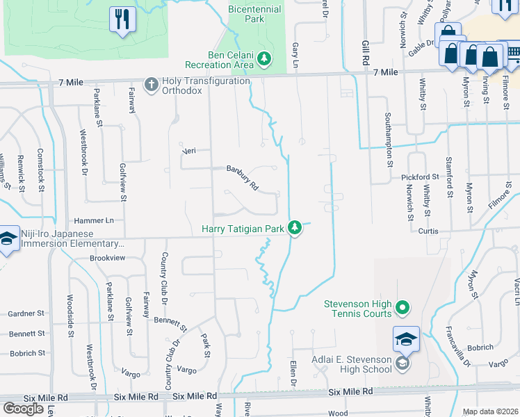 map of restaurants, bars, coffee shops, grocery stores, and more near 35155 Banbury Road in Livonia