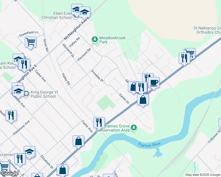 map of restaurants, bars, coffee shops, grocery stores, and more near 76 Vanier Drive in Chatham-Kent