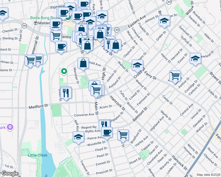 map of restaurants, bars, coffee shops, grocery stores, and more near 108 High Street in Malden