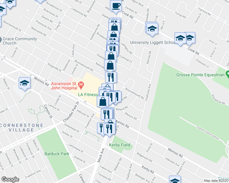 map of restaurants, bars, coffee shops, grocery stores, and more near Mack Ave & Labelle Rd in Grosse Pointe Farms