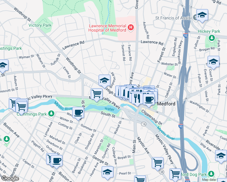 map of restaurants, bars, coffee shops, grocery stores, and more near 111 High Street in Medford