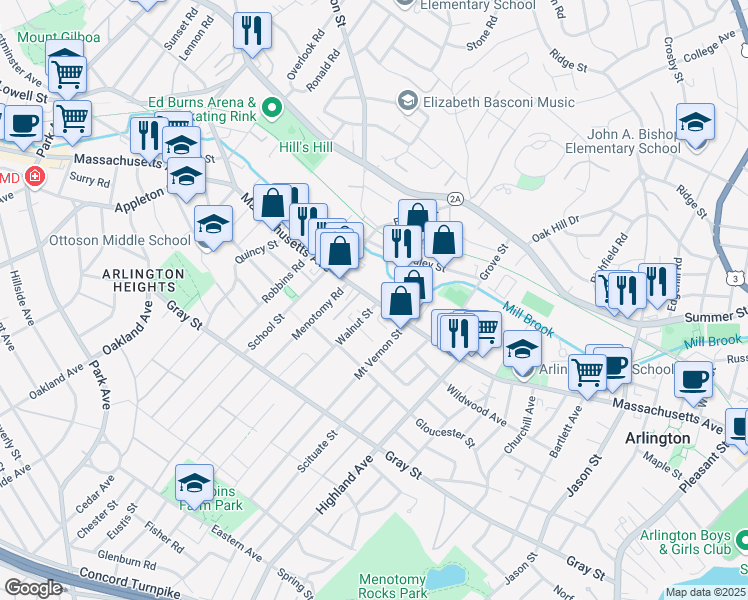 map of restaurants, bars, coffee shops, grocery stores, and more near 1005 Massachusetts Avenue in Arlington