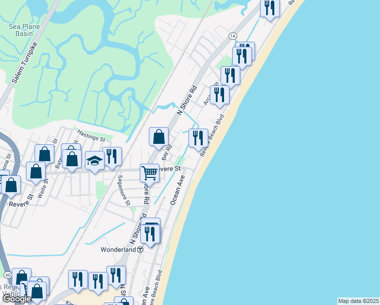 map of restaurants, bars, coffee shops, grocery stores, and more near 360-R Revere Beach Boulevard in Revere