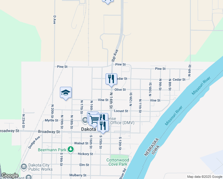 map of restaurants, bars, coffee shops, grocery stores, and more near 500 North 14th Street in Dakota City