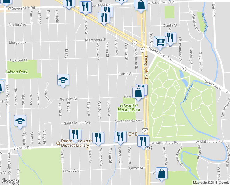 map of restaurants, bars, coffee shops, grocery stores, and more near 17631 Lenore in Detroit