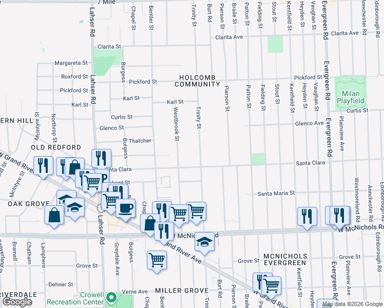 map of restaurants, bars, coffee shops, grocery stores, and more near 17569 Trinity Street in Detroit