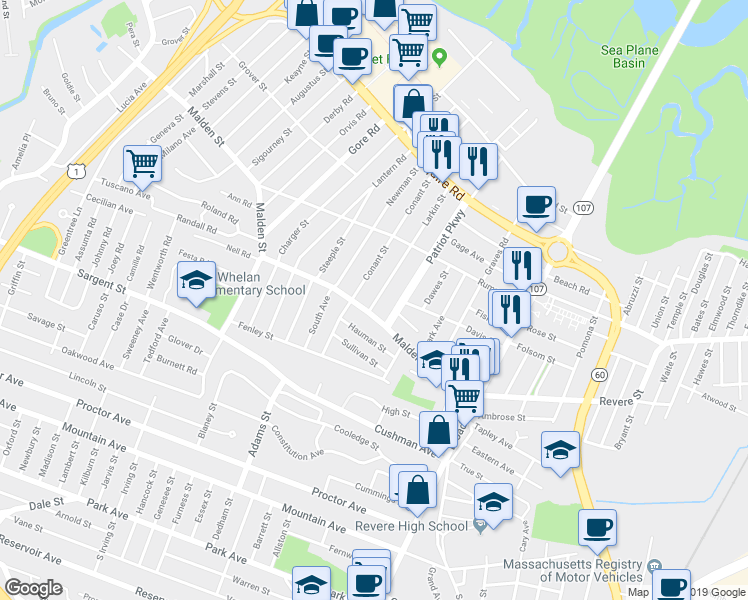 map of restaurants, bars, coffee shops, grocery stores, and more near 14 Larkin Street in Revere