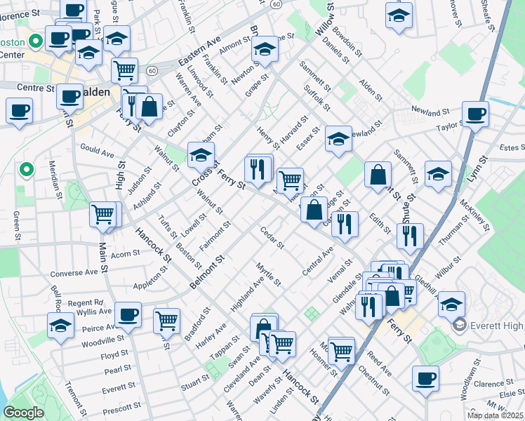 map of restaurants, bars, coffee shops, grocery stores, and more near 475-481 Ferry Street in Malden