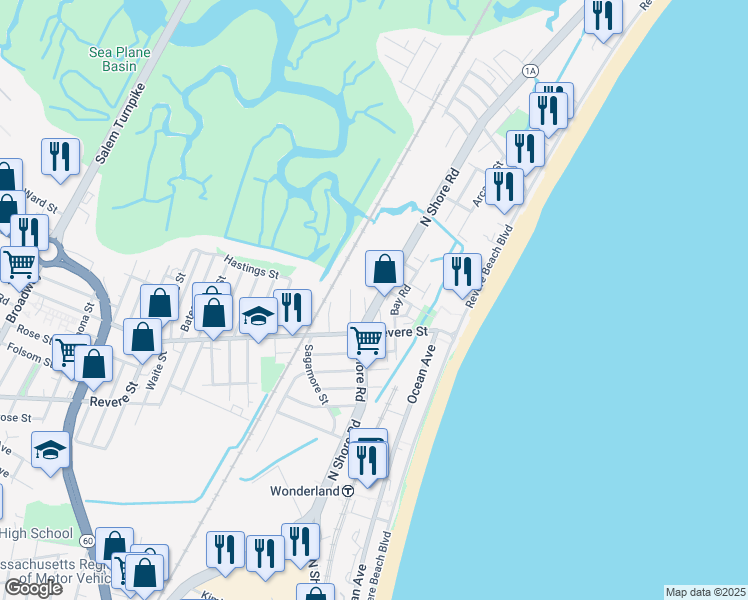 map of restaurants, bars, coffee shops, grocery stores, and more near 1069 North Shore Road in Revere