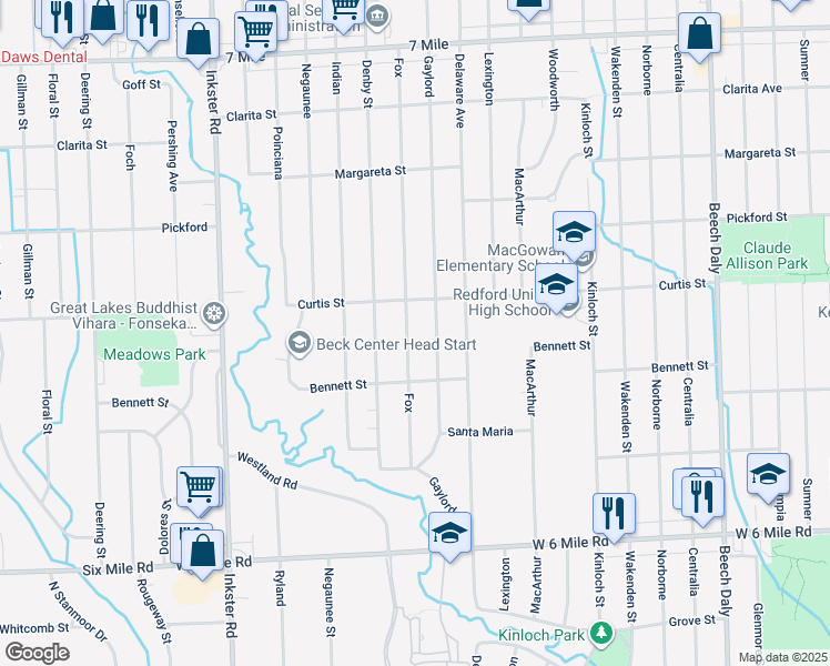 map of restaurants, bars, coffee shops, grocery stores, and more near 17694 Fox in Redford Charter Township