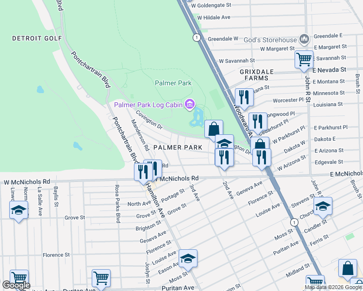 map of restaurants, bars, coffee shops, grocery stores, and more near 750 Whitmore Road in Detroit