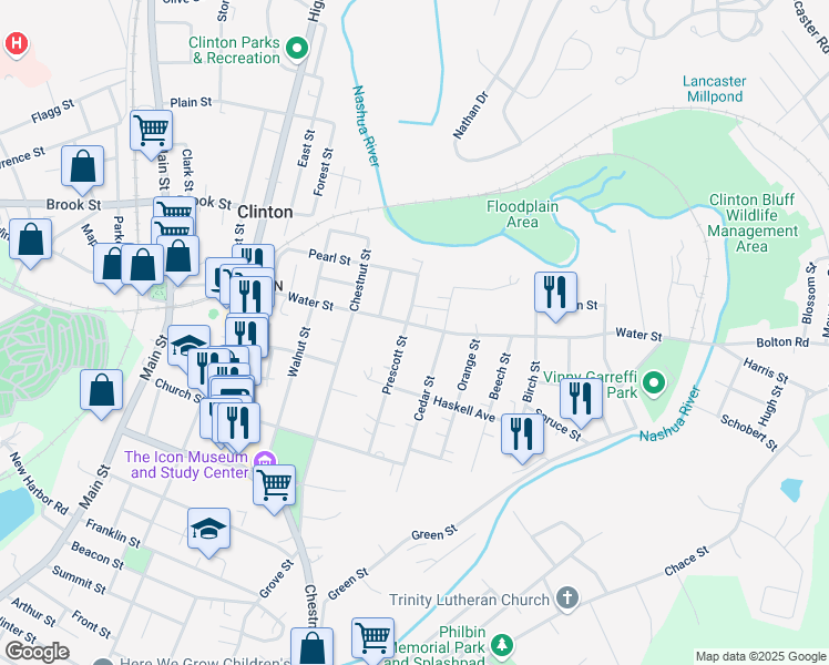 map of restaurants, bars, coffee shops, grocery stores, and more near 237 Water Street in Clinton