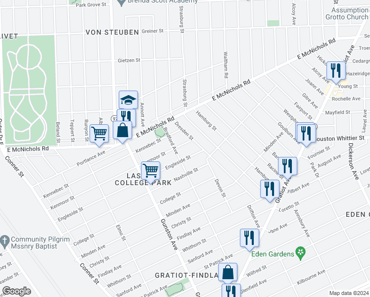 map of restaurants, bars, coffee shops, grocery stores, and more near 12032 Kenmoor Street in Detroit