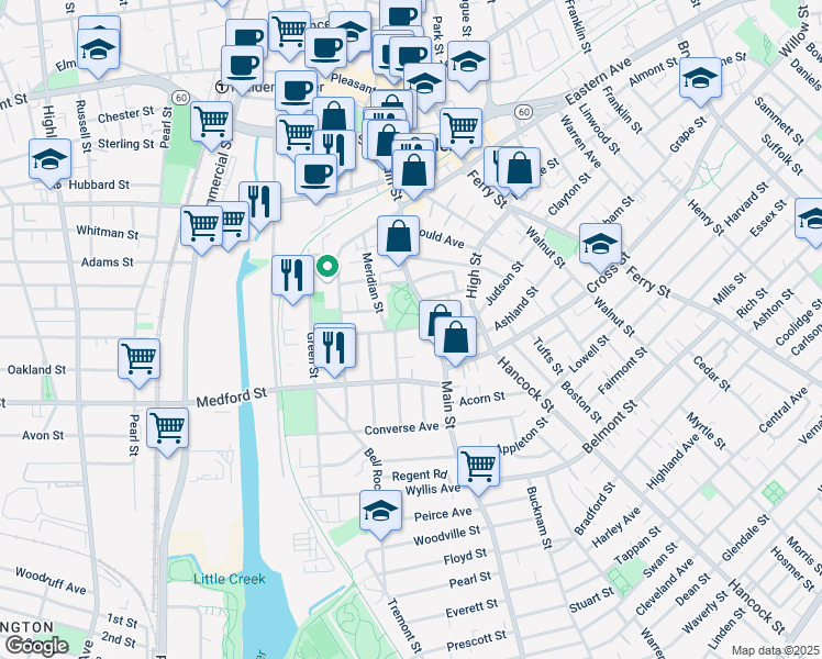 map of restaurants, bars, coffee shops, grocery stores, and more near 18 Wigglesworth Street in Malden